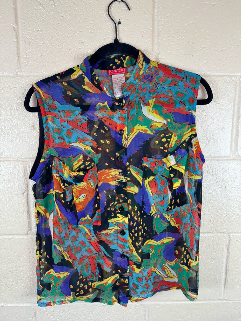 Vintage 90’s Sheer  Abstract Multicolor Sleeveless Button Front Top in Med D74